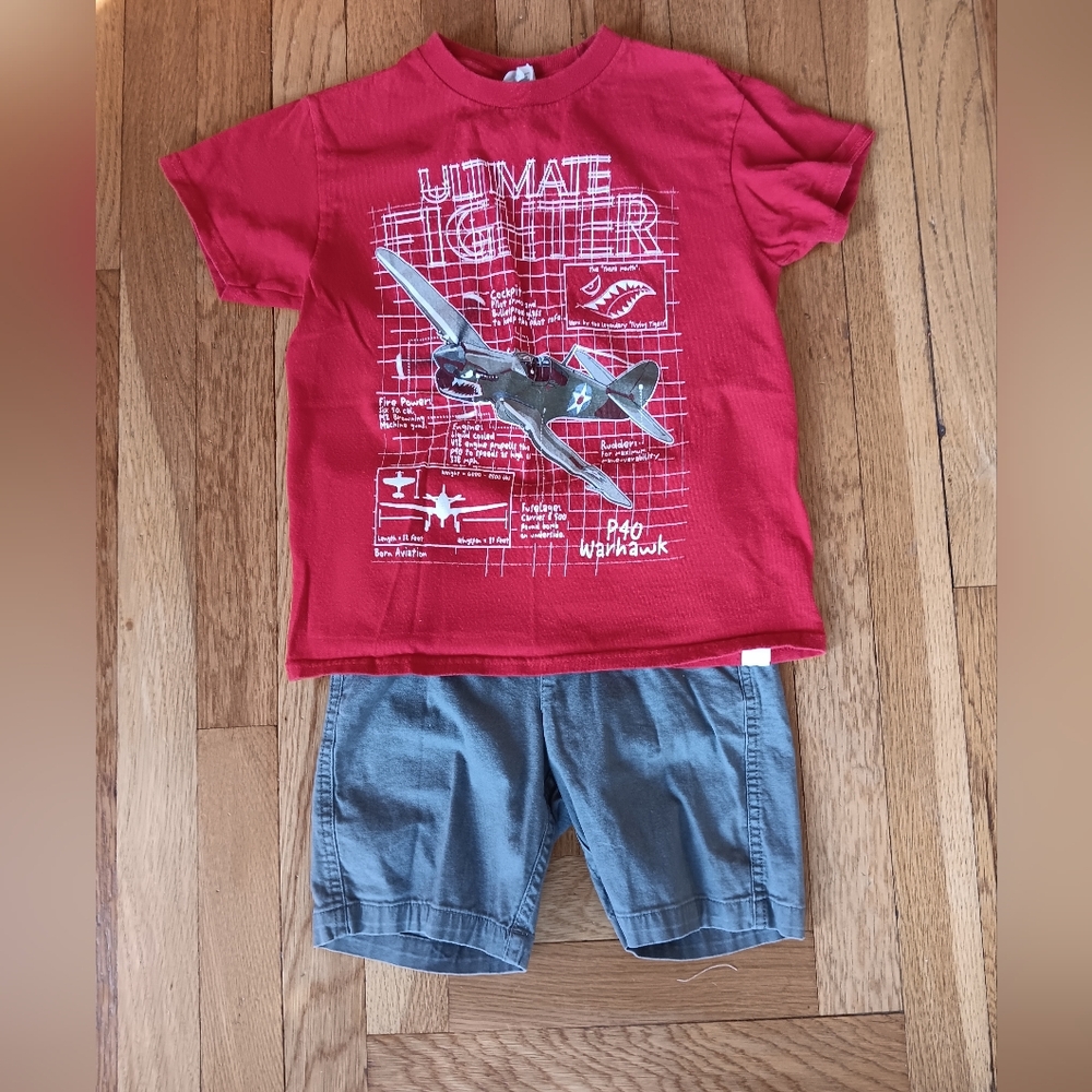 Red Fighter Plane Graphic Tee and Gray Shorts